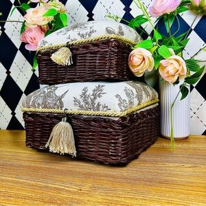 French Country Toile Boxes Wicker Lined Tassel Pair Vintage Luxury